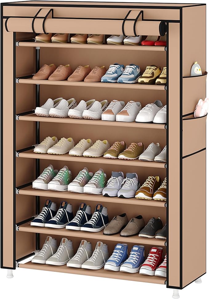 Laiensia 7-Tier Vertical Shoe Rack Organizer, Space Saving Shoe Storage Organizer, Non-Woven Cover Shoe Shelf Holds 28-35 Pairs for Bedroom, Hallway, Closet Entryway, Brown