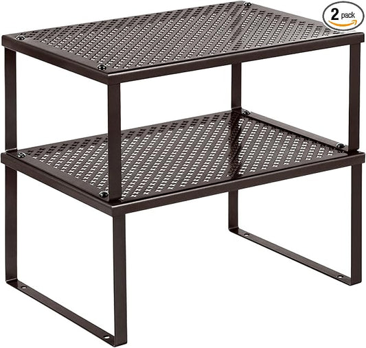 SONGMICS Spice Racks, Set of 2 Metal Cabinet Shelf Organizers, Countertop Organizers, Shelf Risers, Stackable, Expandable, Brown UKCS01BR