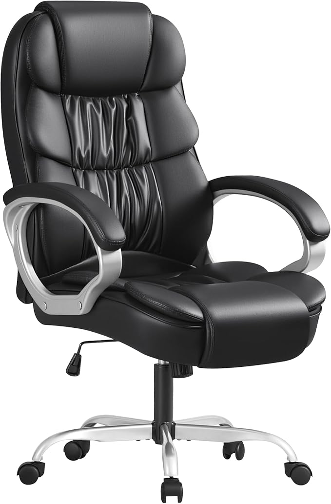 Furmax Leather High Back Office Chair Ergonomic Executive Office Chair Swivel Computer Desk Chair Lumbar Support Soft Cushioned Padded Arms (Black)
