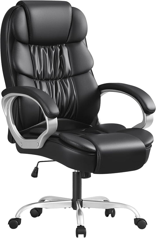 Furmax Leather High Back Office Chair Ergonomic Executive Office Chair Swivel Computer Desk Chair Lumbar Support Soft Cushioned Padded Arms (Black)