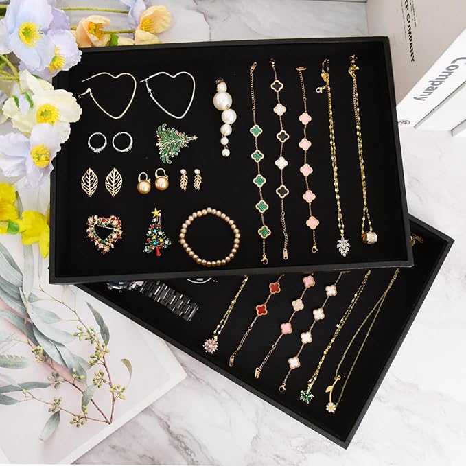 Black Velvet Jewelry Tray for Drawers Black Jewelry Display Tray Stackable Jewelry Trays Stackable Jewelry Organizer Trays for Necklace Bracelet Ring Watch Tray Felt Jewelry Tray(4 Pack)