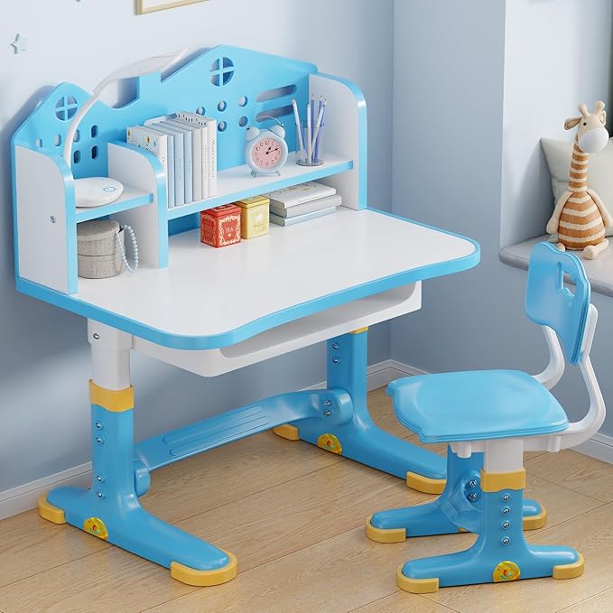 Kids Desk and Chair Set, Height Adjustable Child's School Study Writing Tables, Kids Desk with Bookstand and Storage Drawer, Widened Desktop with Desktop for Boys and Girls