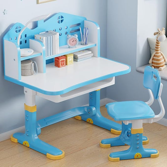 Kids Desk and Chair Set, Height Adjustable Child's School Study Writing Tables, Kids Desk with Bookstand and Storage Drawer, Widened Desktop with Desktop for Boys and Girls