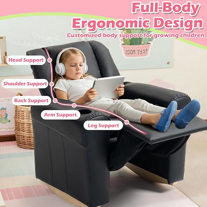 AVAWING Kids Recliner Chair with Cup Holder, Leather Toddler Recliner with Adjustable Backrest, Curved Rocking Legs and Comfy Armrests for Bedroom or Nursery (Black)