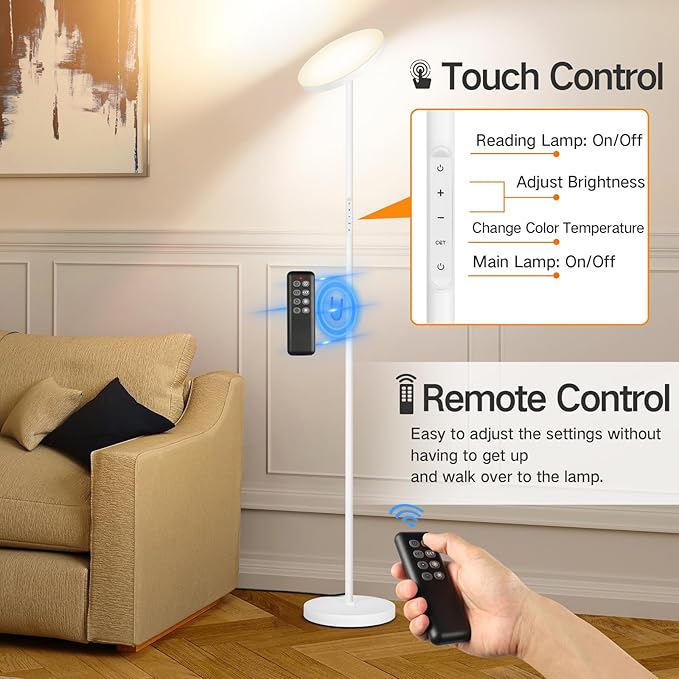 OUTON LED Torchiere Floor Lamp, Super Bright Dimmable Tall Standing Lamp with Remote Touch Control, 4 Color Temperatures, 1-Hour Timer for Living Room, Bedroom, Office (Matte White)