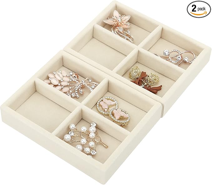 DesignSter Small Jewelry Tray-Ring Organizer 2PCS Premium Velvet Rings Earrings Display Tray Storage Insert Holder for Jewelry Box, Drawer, Dresser (4 Grids, Beige)