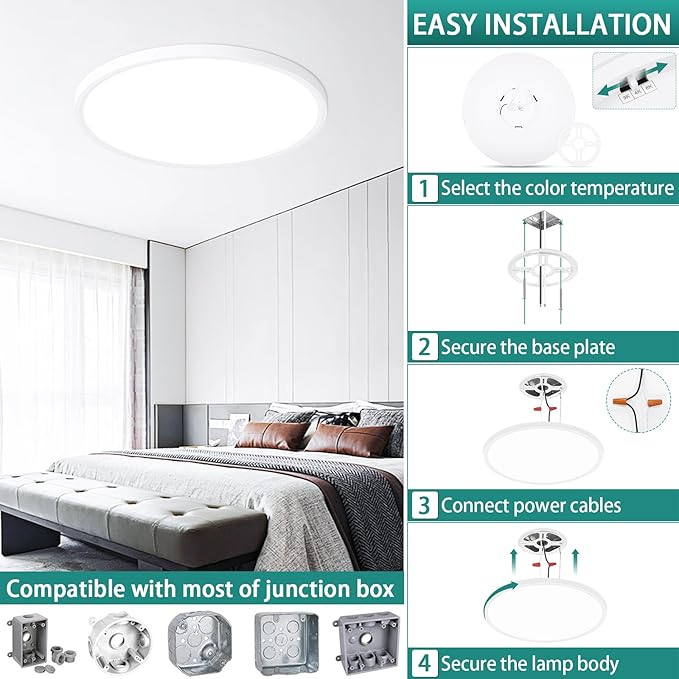 16'' Dimmable LED Ceiling Light Fixture, Ultra Thin Flush Mount, 28W 2800Lumen, 3 Color Changeable, Round, White, for Dining Room, Kitchen, Bedroom, Office, Hotel