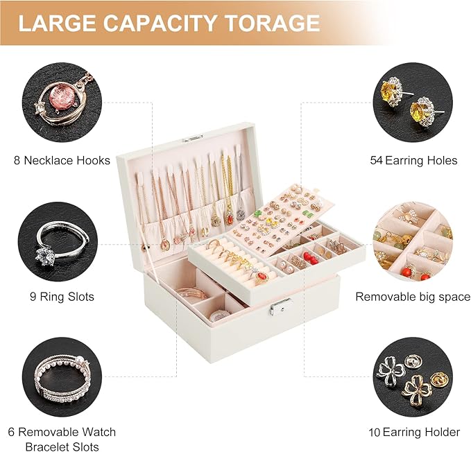 Jewelry Box Organizer for Women Girls 2 Layer Leather Travel Jewelry Storage Case with Lock and Removable Tray for Necklace Earrings Rings Bracelets Gift, Come with Polishing Cloth and Jewelry Bags