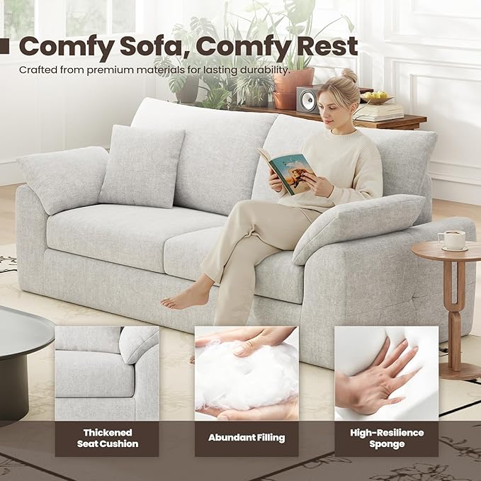 90" Boneless Loveseat Sofa, Cloud Foam Couch, 3 Seater Upholstered Midcentury Mondern Love Seat, Wide Armrest and 4 Pillows for Home Living Room/Small Spaces, No Assembly Required, Beige