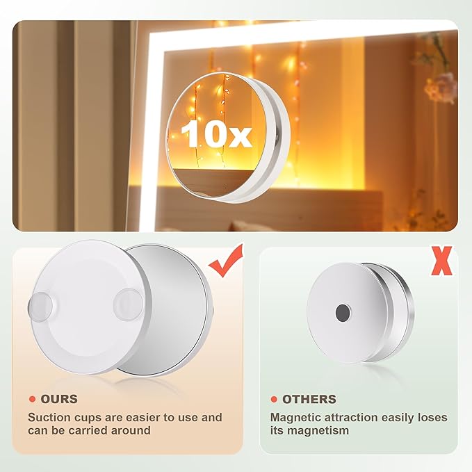 Hasipu Vanity Mirror with Lights, 17.7" x 13.8" LED Makeup Mirror with 10X Magnification, Smart Touch 3 Colors Dimmable, Brightness Adjustment, 360° Rotation, White