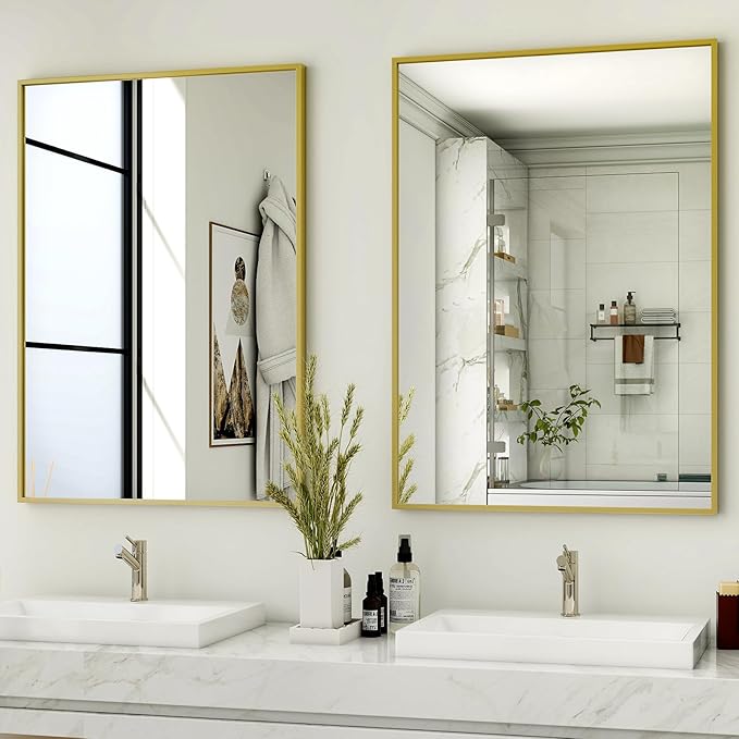 HARRITPURE 38"x26" Framed Bathroom Mirror for Wall Rectangle Mirror Aluminum Alloy Frame Wall-Mounted for Farmhouse Entryway Bedroom Living Room Gold