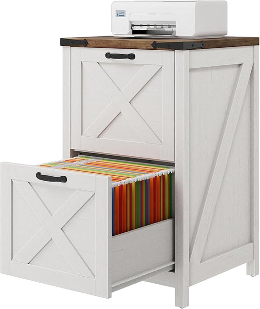 Vertical File Cabinet with 2 Drawers, Wooden Farmhouse Filing Cabinet for Letter/A4 Size Hanging Files, Under Desk Printer Stand with Storage for Home Office, Rustic White