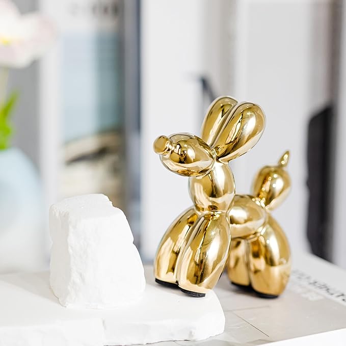 Creative Balloon Dog Statues Small Ceramic Animal Sculpture Modern Home Decor Living Room Desktop Decorations Bedroom Office Cabinet Ornament (Gold)