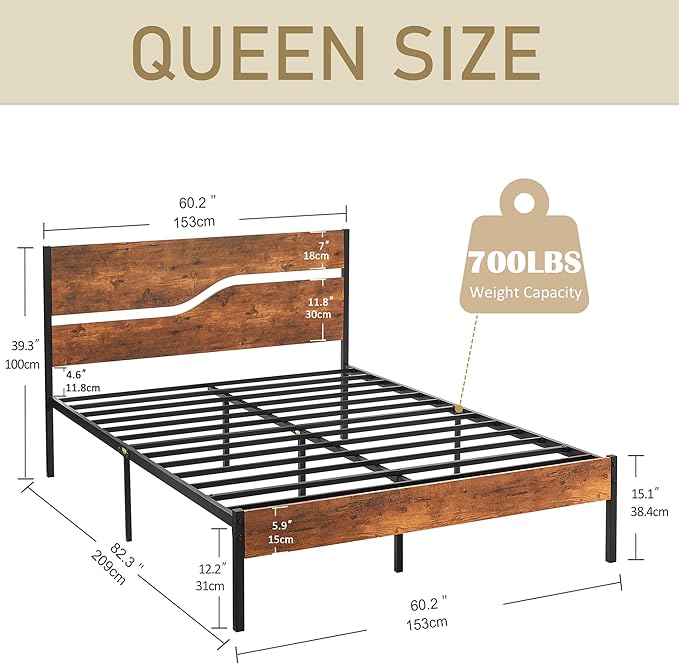 VECELO Queen Size Bed Frame with Headboard Wood, Solid and Strong Metal Platform Support, No Box Spring Needed