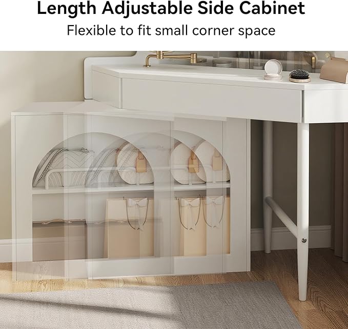 Merax Corner Vanity Desk with Mirror & LED Lights & Stool, Modern Makeup Vanity Table with Drawer Shelf Cabinet for Bedroom, Brightness Adjustable Folding Mirror (White)