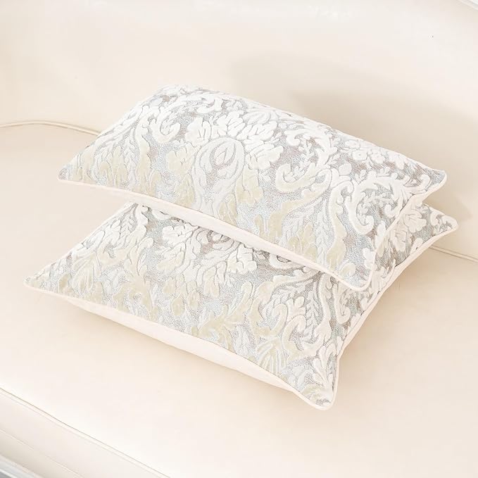 Alerfa Boho White Floral Throw Pillow Cover 20x20 Inch Cut Velvet Sqaure Luxury Embroidered Decorative Pillow Cover for Couch Living Room Bedroom