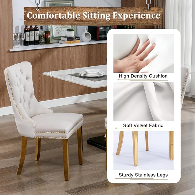 70" Modern Gold Glass Dining Table Set for 4, 5-Piece Rectangle Kitchen Dining Room Table Set with Steel Base & 4 Beige Velvet Upholstered Chairs, Modern Glass Kitchen Table and Chairs Set of 4