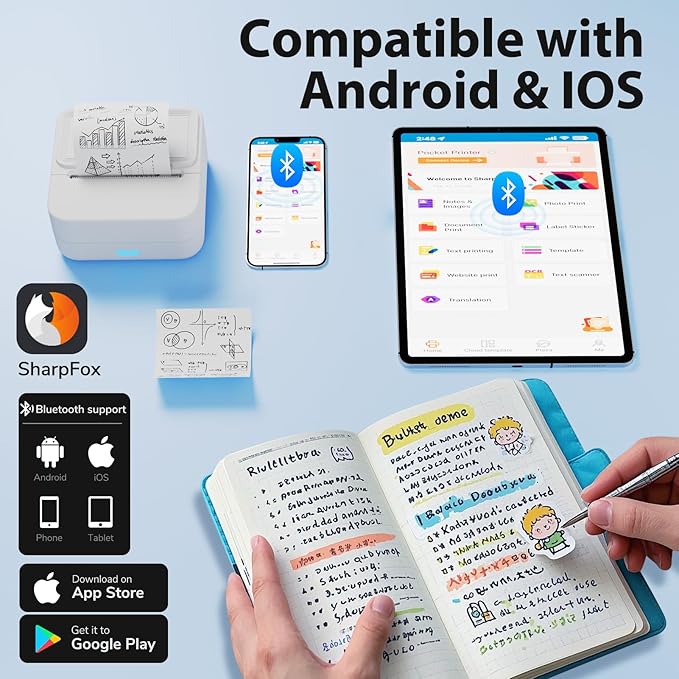 Aixiqee Mini Sticker Printer with 10 Rolls Sticker, Small Thermal Sticker Printer, No Ink Needed, Bluetooth Label Sticker Maker for iPhone, DIY, Photos, Study Notes, Journal, Gift (White)