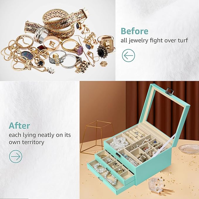 BOOVO Clear Lid Jewelry Box,3 Layers Jewelry Organizer Large Multi-Functional Jewelry Storage Box with 2 Drawers,Jewelry Display Case of Rings Earrings Necklace Bracelets for Women Girls (Turquoise)