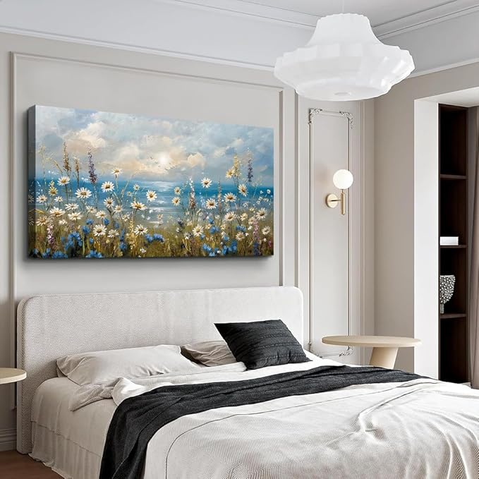 Large Wall Decor for Living Room Canvas Wall Art for Office Modern Wall Decorations for Bedroom White Flower Landscape Paintings Farmhouse Pictures Artwork Room Home Decor 48x24