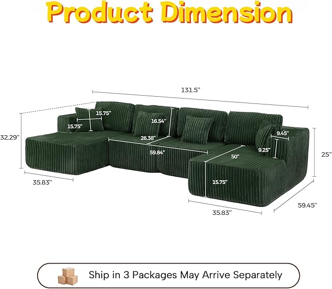 132" U Shaped Boneless Couch, Cloud Sectional Modular Sofa with Double Chaise Lounge, Corduroy Cloud Couch with Pillows & Deep Seat, Boneless Sofa for Living Room, Green
