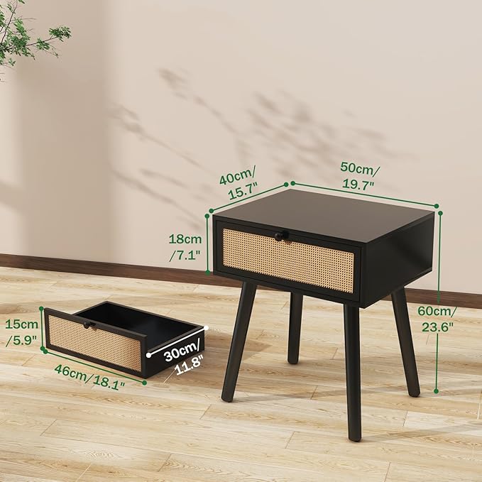 IBUYKE Hidden Compartment Nightstands, Rattan Nightstand with Wood Legs, Boho Side Table Concealment Furniture, Bedside End Table for Bedroom, Easy Assembly, Black UWNS010B