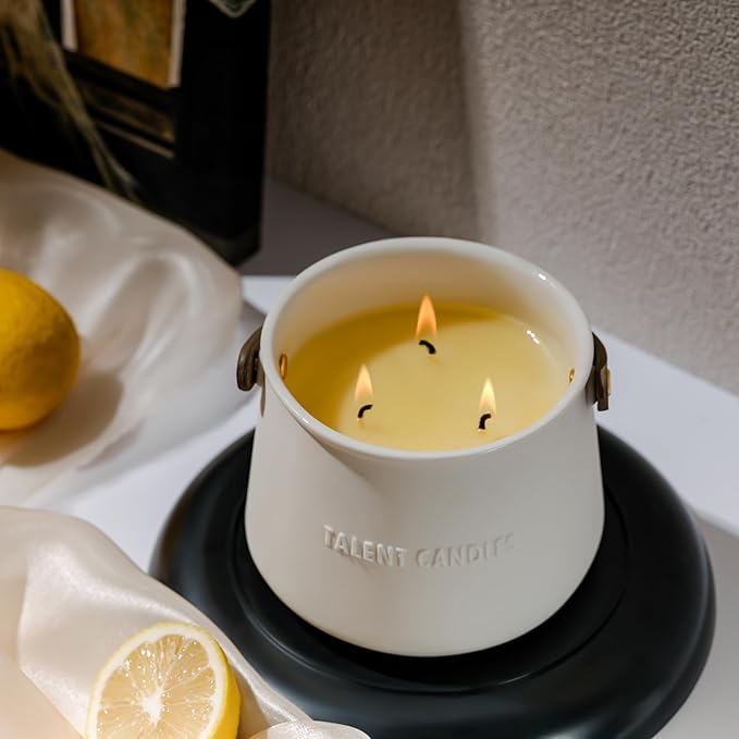 Candles for Home Scented - Scandinavian Style 3 Wick Candle - Long-Lasting Ceramic Candle Jar - Soy Candles Non Toxic with Minimalist Design - Teak Mahogany