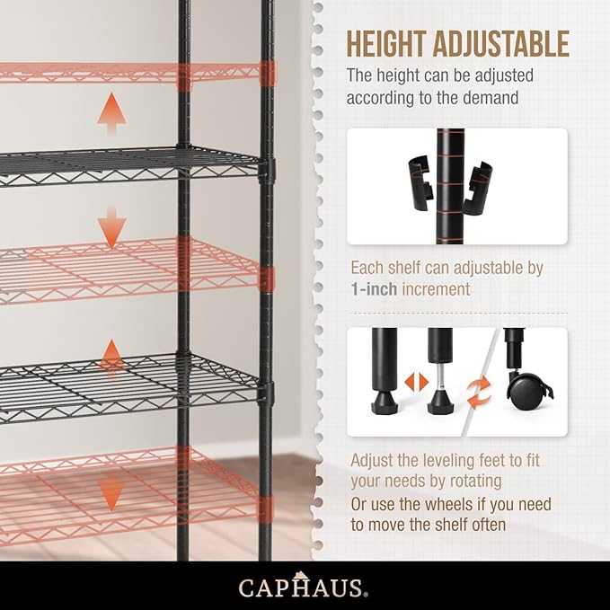 CAPHAUS NSF Adjustable Height Wire Shelving Unit w/Liner, Basement Storage Shelving, Metal Steel Storage Shelves, Garage Shelving Storage Organizer, Utility Shelf, 5-Tier W/Wheels W/Liners, Black