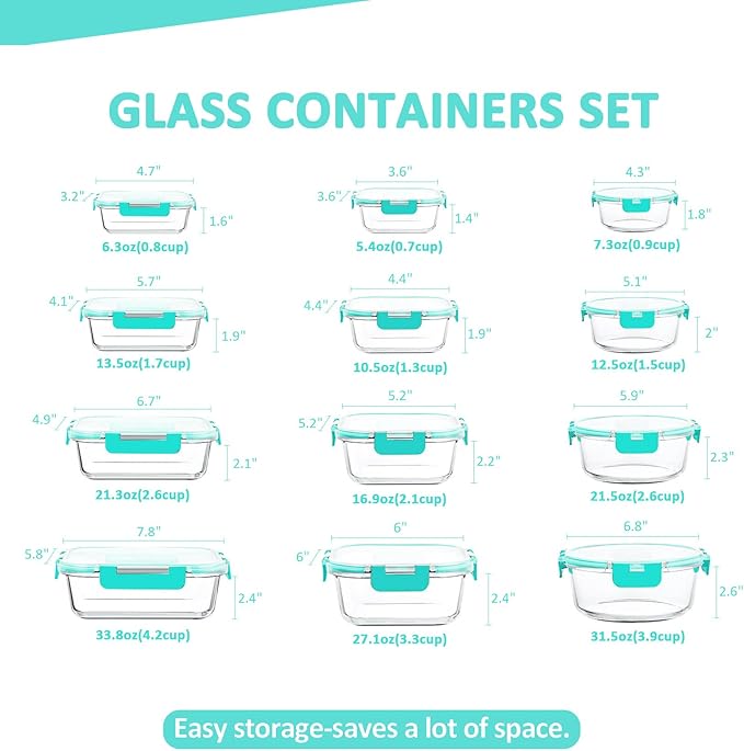 24 Pieces Glass Food Storage Containers Set, Meal Prep Containers-Stackable Airtight Glass Storage Containers with lids,Freezer, Microwave, Oven Safe,Green