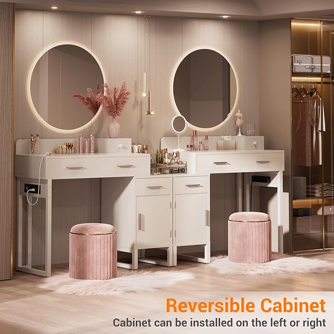 Vanity Desk with 4 Storage Drawers - Modern Makeup Vanity Table with Charging Station, White Vanity Desk with Reversible Cabinet Dressing Table Set with Divided Organizers for Women Girls, White