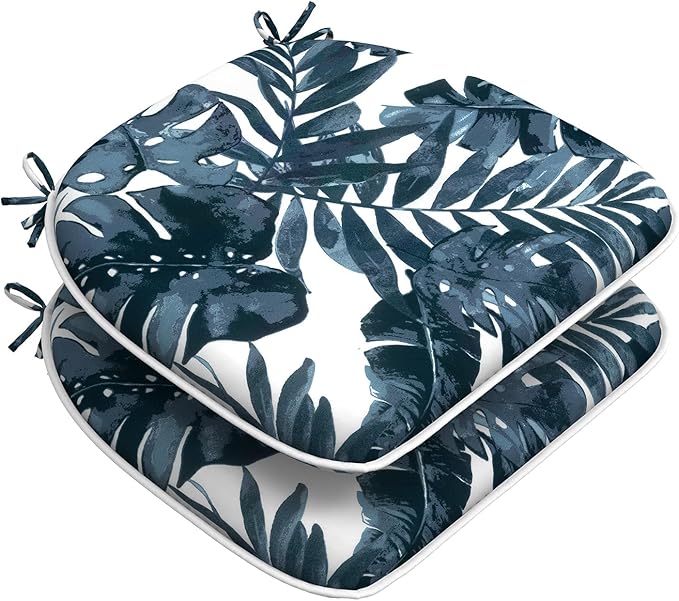 Set of 2 Outdoor Chair Cushions with Ties,Water Repellent Patio Chair Pads 17"x 16" for Outdoor Furniture,Round Corner Seat Cushions for Garden Yard Kitchen Palm Blue