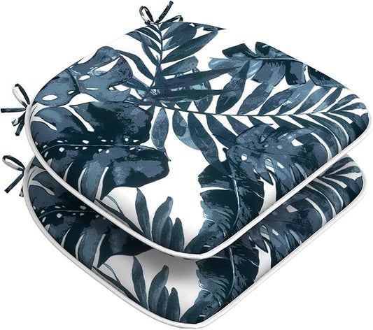 Set of 2 Outdoor Chair Cushions with Ties,Water Repellent Patio Chair Pads 17"x 16" for Outdoor Furniture,Round Corner Seat Cushions for Garden Yard Kitchen Palm Blue