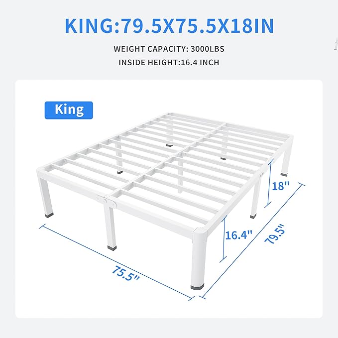 MAF 18 Inch King Size Bed Frame White with Round Corner Legs Mattress Slide Stopper No Box Spring Needed Heavy Duty Metal Platform Bed Frames Under-Bed Storage Space, 3000 LBS Steel Slats Support