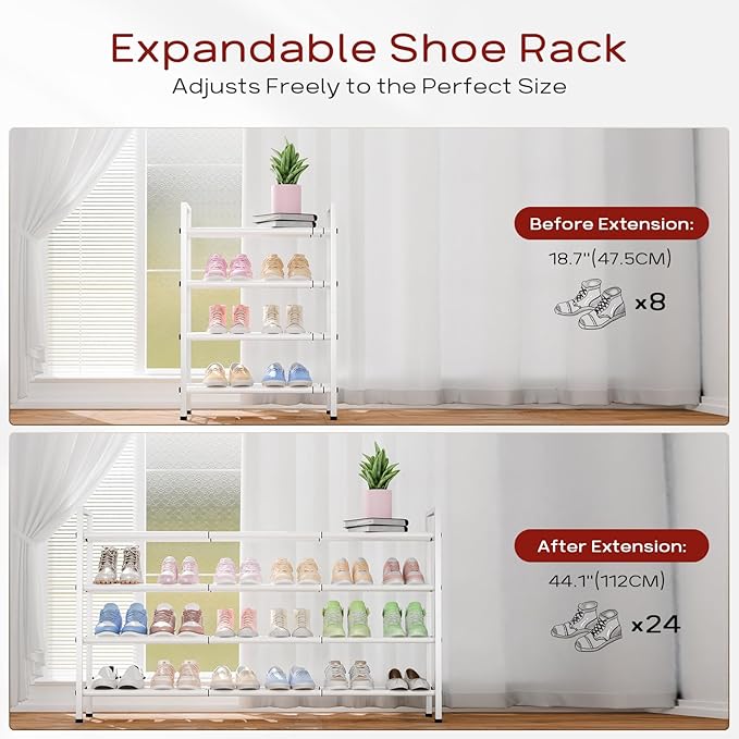 Bumusty 4-Tier Long Expandable Shoe Rack for Closet, 18"-44" Adjustable Shoe Rack for Entryway, 20-24 Pairs Large Shoe Organizer Shelf Storage, Sturdy Metal, White