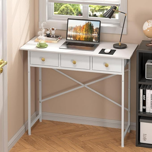 White Writing Desk with 3 Drawers for Bedroom, 37.2 Inch Small Computer Desk for Small Spaces, Simple Study Table for Kids Bedroom, Home Office, Dorm, Living Room, Vanity Make Up Desk, White