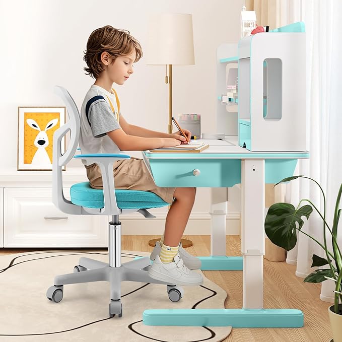 Giantex Kids Desk Chair, Children Computer Chair with Wheels and Y-Shaped Lumbar Support, Mesh Kids Office Chairs, Height Adjustable Desk Chair for Girls Boys Aged 4-13, Turquoise