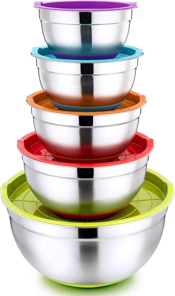 P&P CHEF Mixing Bowls with Lids Set of 5, Stainless Steel Nesting Salad Bowl with Lid & Base for Non-slip Mixing Prepping Storing Serving, 5 Sizes-7/3.5/2.5/1.5/1 QT, Multicolor