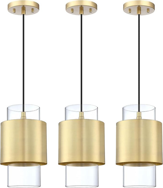 1 Light 3 Pack Hanging Indoor Kitchen Island Pendant Light 6" Drum Glass Shade Pendant Ceiling Light Fixtures Modern Farmhouse Dinning Over Sink (Gold Finish)