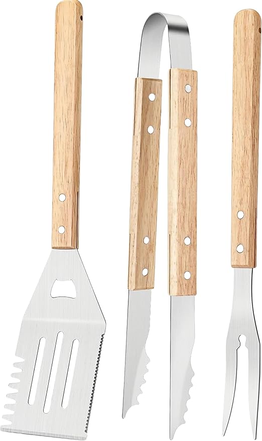BBQ Grill Tools Set Stainless Steel, BBQ Grilling Accessories with Wood Handles, Barbecue Grill Utensils for Outdoor, Ideal BBQ Tools Gift for Grilling Lover. (3B)