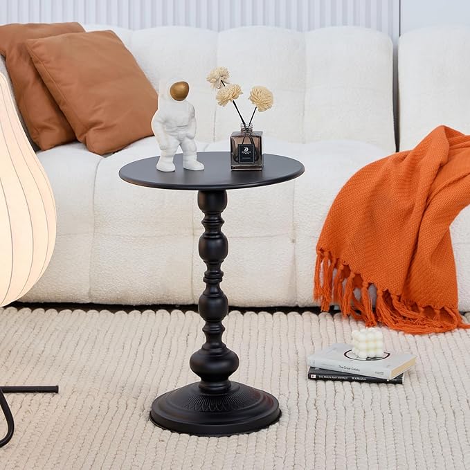 Elegant Vintage Round Side Table with Roman Columns - Sturdy Metal Design, Perfect as a Coffee, End, Tea, or Leisure Table for Living Room and Bedroom Decor,(Black+Black 1pack)