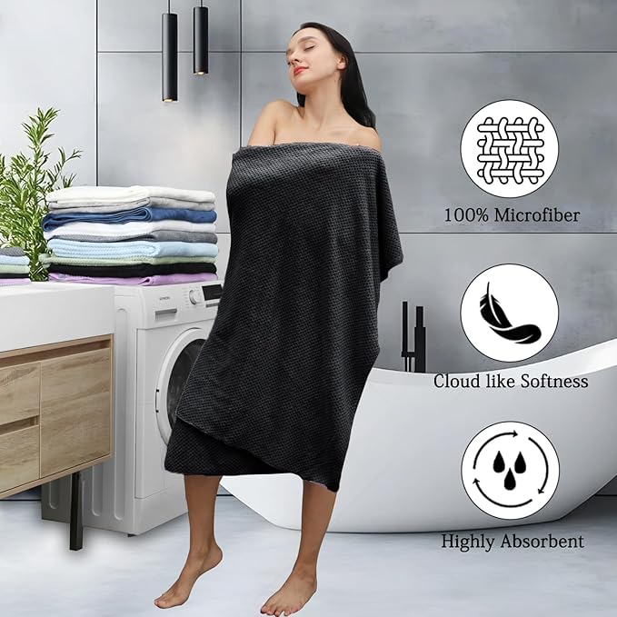 8-Piece Black Bath Towels Set,2 Oversized Large Bath Towels Sheet,2 Hand Towels and 4 Washcloths - 600 GSM Soft Luxury Towel Set,Highly Absorbent Quick Dry Towel Collection for Bathroom,Hotel and Spa