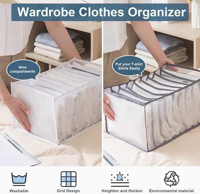 KesaPlan 2Pcs Wardrobe Clothes Organizer, 9Grids Visible Foldable Closet Organizers, Compartment Storage Box with Mesh Separation, Washable Drawer Dividers Organizers for T-Shirt & Shirts (Shirts)
