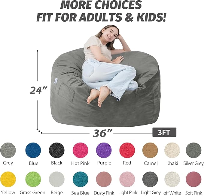 3FT Bean Bag Chair with Ultra Soft Velvet Cover Bean Bag Sofa with Memory Foam Bean Bag Chairs with Large Size Lazy Sofa for Dorm Office Living Room Bedroom Silver Grey 3'