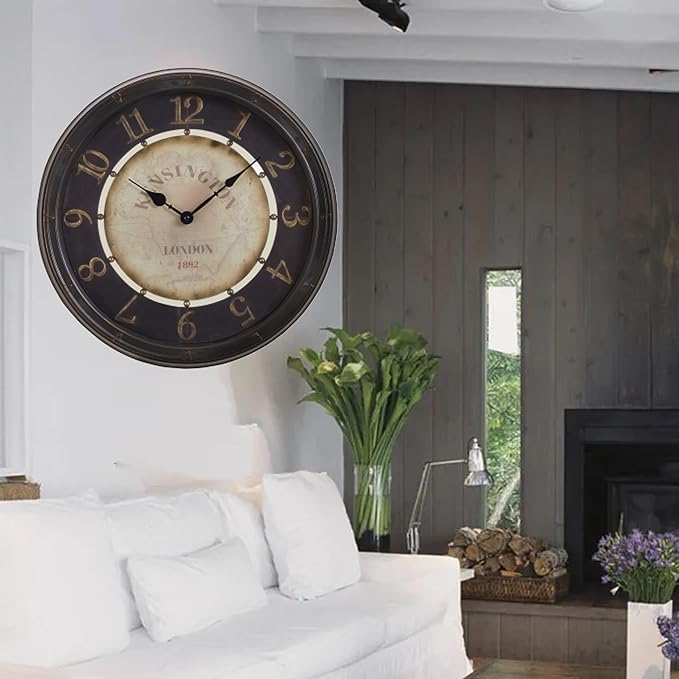 16 Inch Vintage Wall Clock, Silent Non-Ticking Quartz Battery Operated Decorative Clock for Home, Kitchen, Living Room, Dining Room, Office, Gold Brown Arabic Number