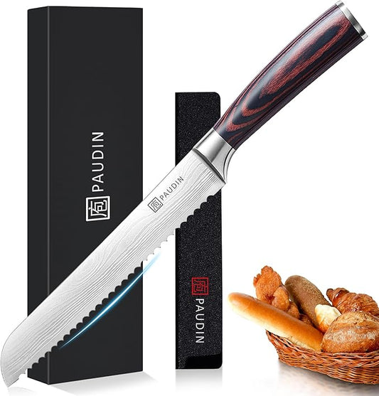 PAUDIN Bread Knife 8", Ultra Sharp Knife Wave Edge - Forged Premium German HC Stainless Steel, Serrated Bread Knife for Homemade Bread and Sourdough Bread, Pakkawood Handle