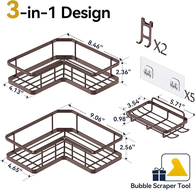 YASONIC Corner Shower Caddy Organizer, 3-Pack Self-Adhesive Rustproof Bath Shelves with Soap Holder & 4 Hooks, Large Capacity Shower Storage Rack for Bathroom Organization - Bronze