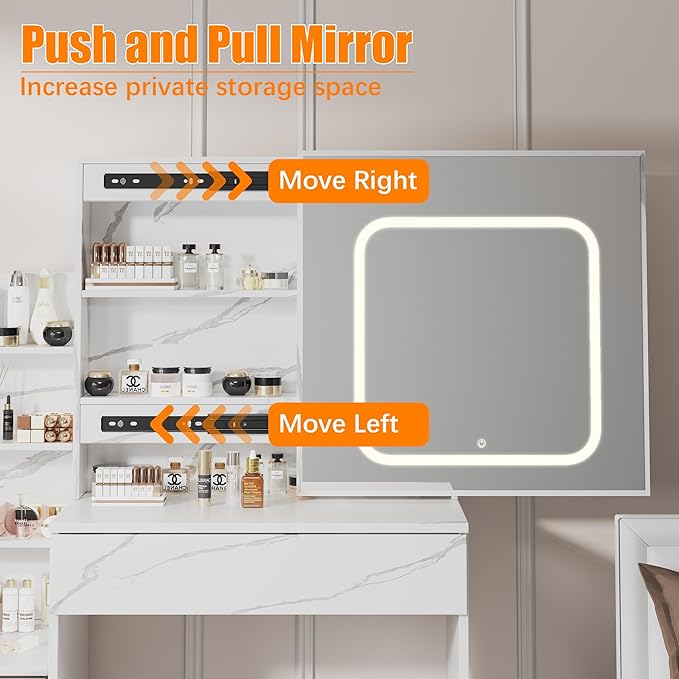 Vanity Desk With Mirror and LED Lights, Makeup Vanity Desk With Sliding Mirror, Power Outlet, 3 Color Adjustable Light, Dressing Table With 4 Drawers, Storage Shelves & Stool for Bedroom, Marble-White