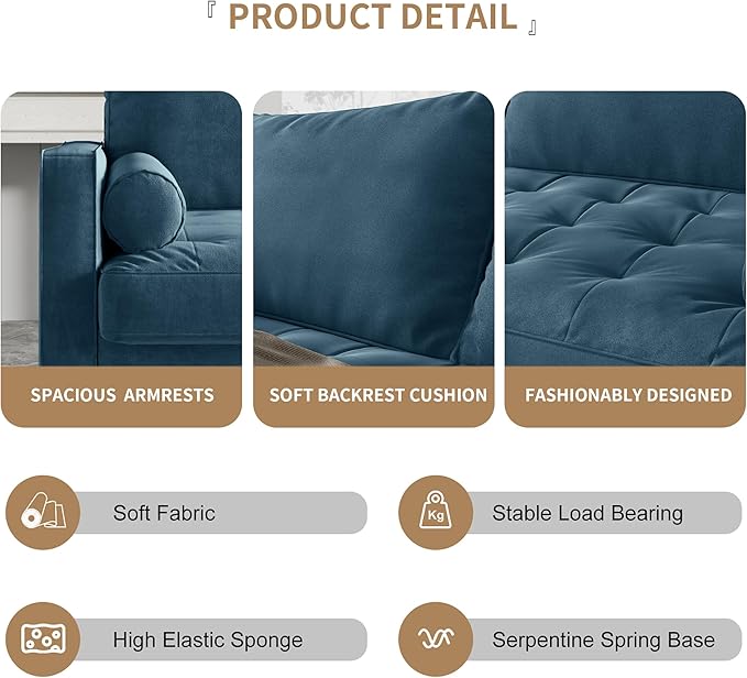 Modern Sofa,70 Inch Velvet Couch for Living Room,Spring Cushions,Solid Wood Frame,Easy Assembly for Small Spaces (Prussian Blue)