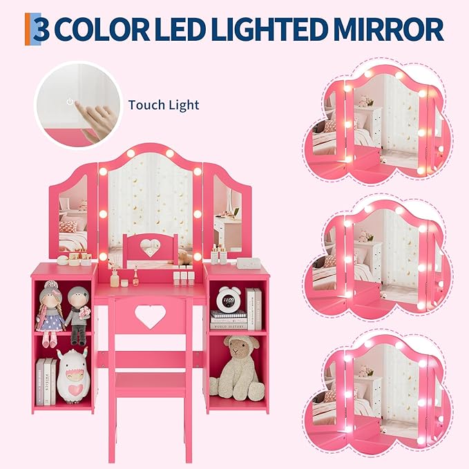 Kids Vanity Table, Princess Makeup Desk & Chair Set with touch Light Detachable Tri-Folding Mirror, Open Storage Shelves, Wooden Girls Vanity Dressing Table, Pretend Play Vanity Set for Toddler