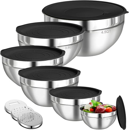 Mixing Bowls with Lids Set, 6 PCS Stainless Steel Mixing Bowls with 3 Grater Attachments, Kitchen Food Storage Organizers Nesting Mixing Bowl, Large Size 4.5, 3.5, 2.1, 1.5, 1.1, 0.7QT-Black